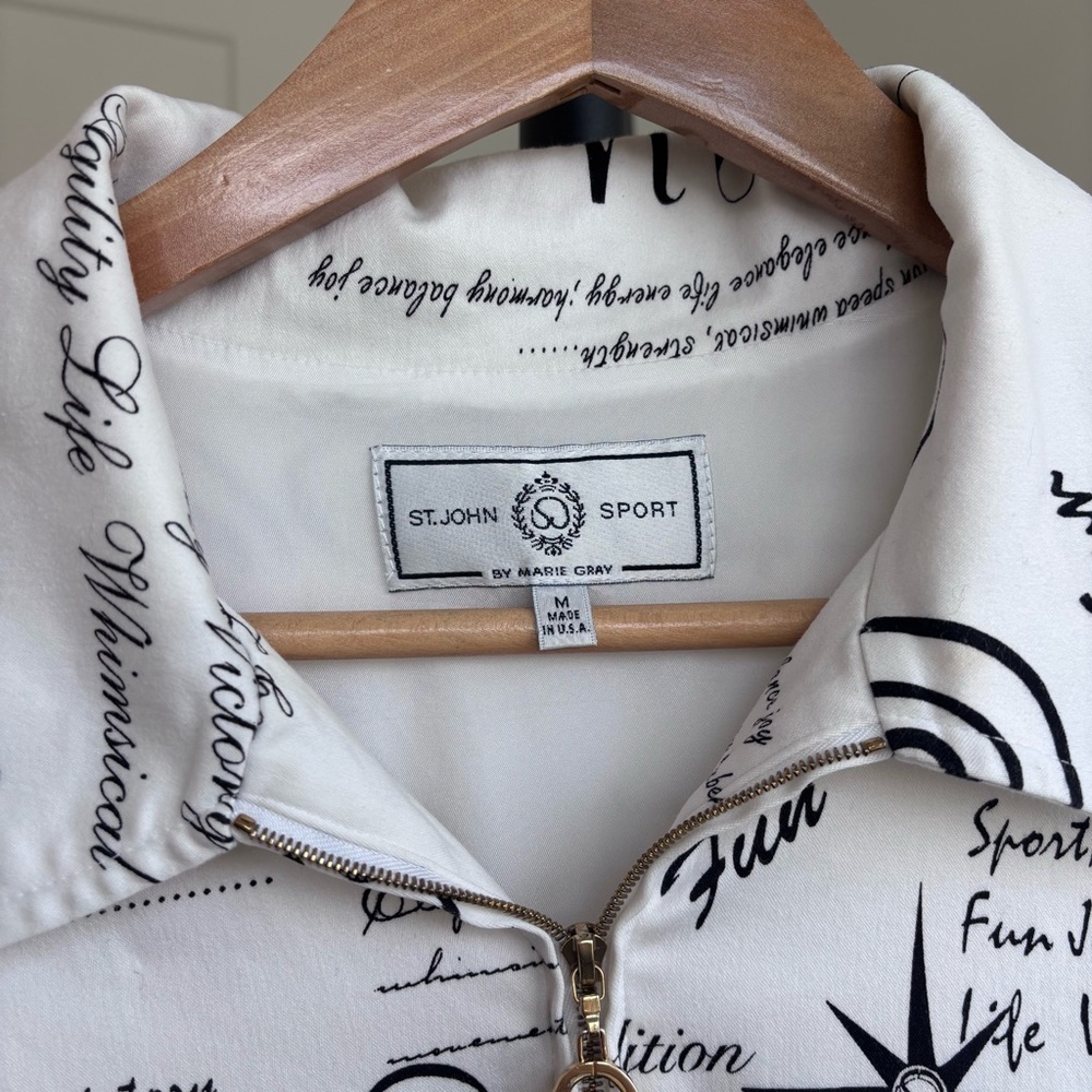 St. John Sport Jacket Women's Black White Script Bomber Full Zip Logo Lined Sz M - Picture 2 of 16